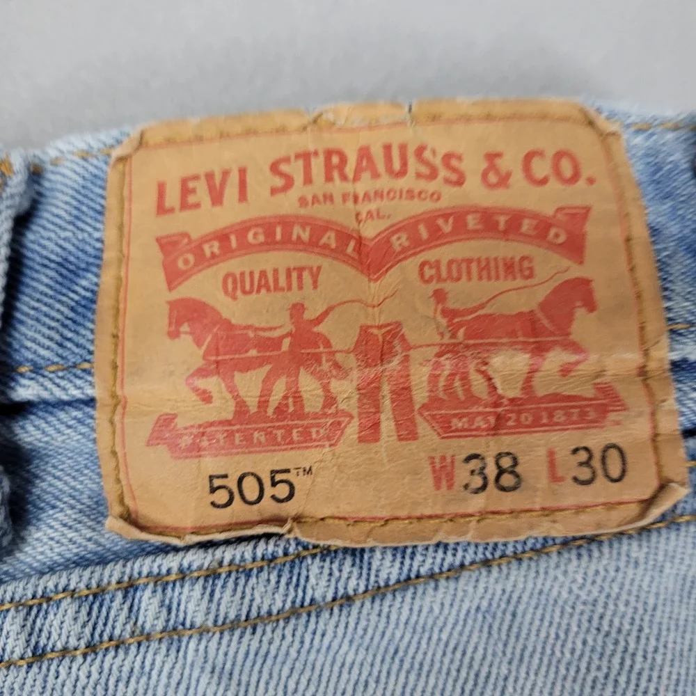 Levi 505 Jeans Mens Size 38x30 Blue Light Wash Straight Leg Distressed Stains